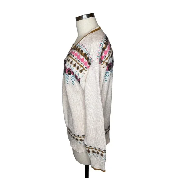 SUNDANCE Innis Fair Isle Henley Sweater Women's Size Small Cream Wool Blend Boho - Picture 2 of 7